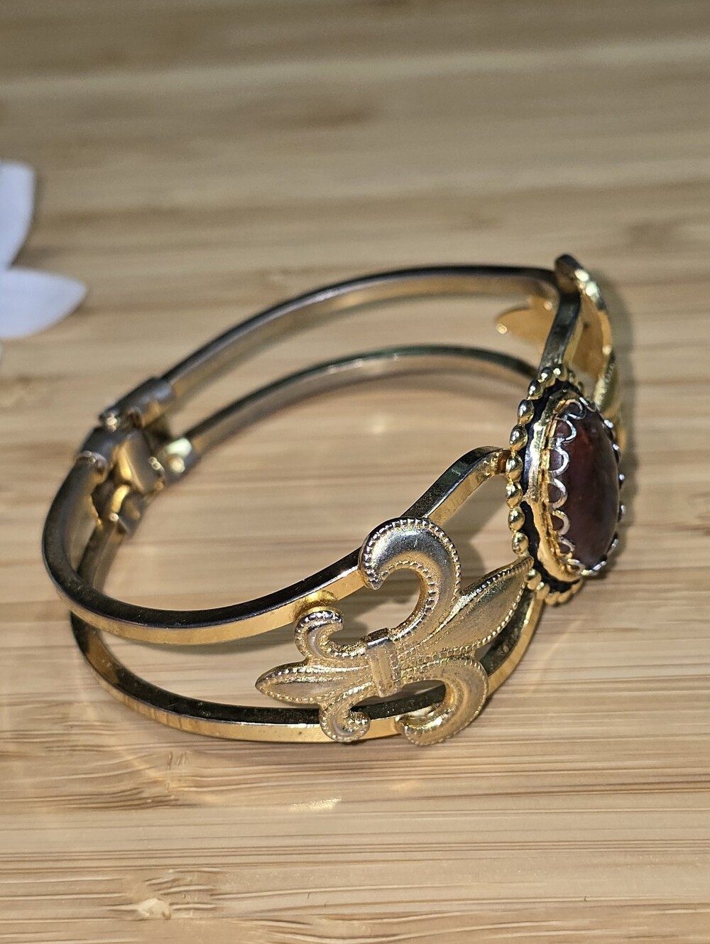 Gold-Tone Brown Stone Floral Cuff Bracelet - Picture 7 of 7
